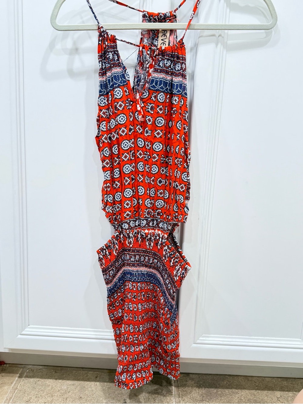 Reverse Red Printed Mini Dress with Navy Accents